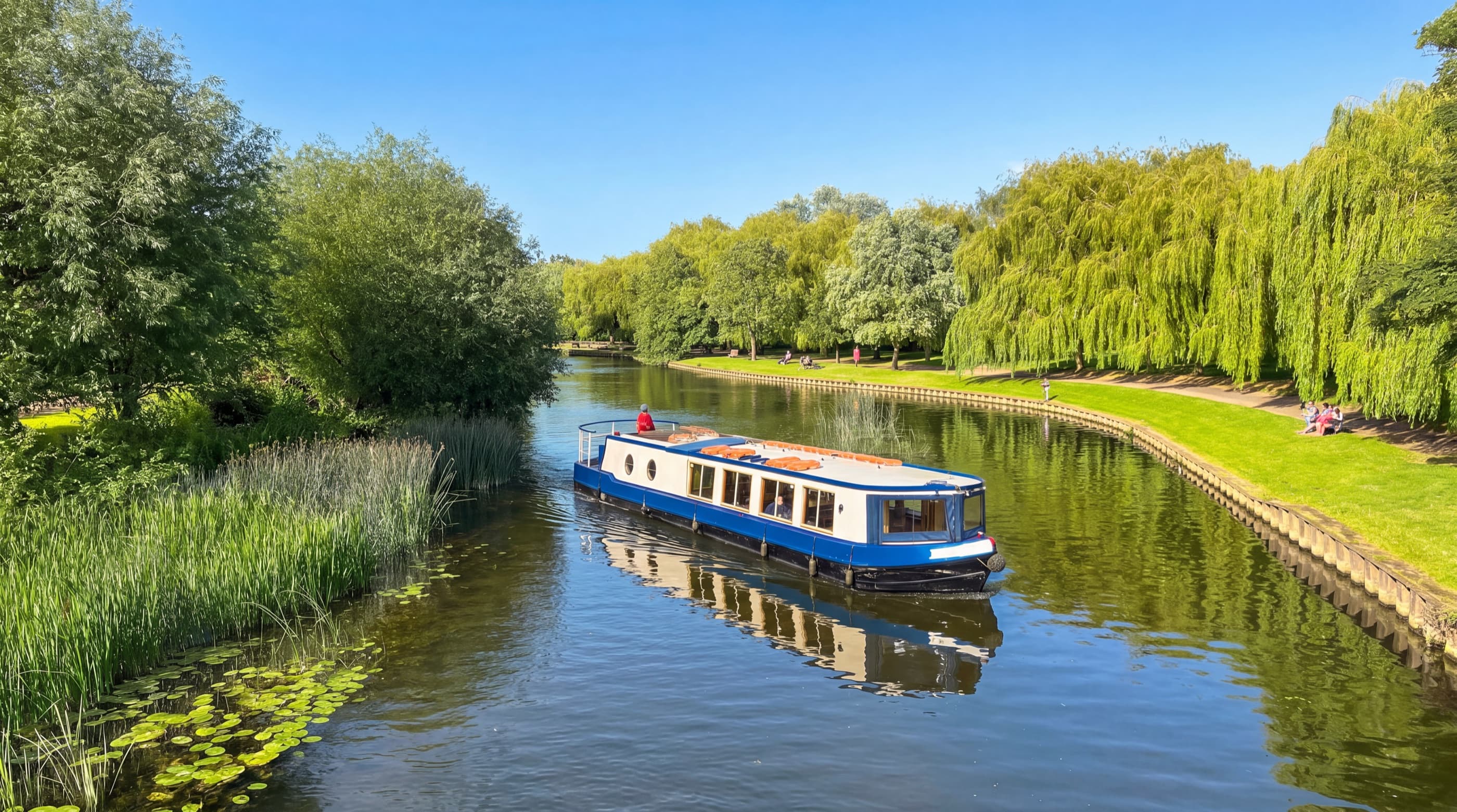 The Rita Ellen cruising the River Avon between the willows at Stratford-upon-Avon
